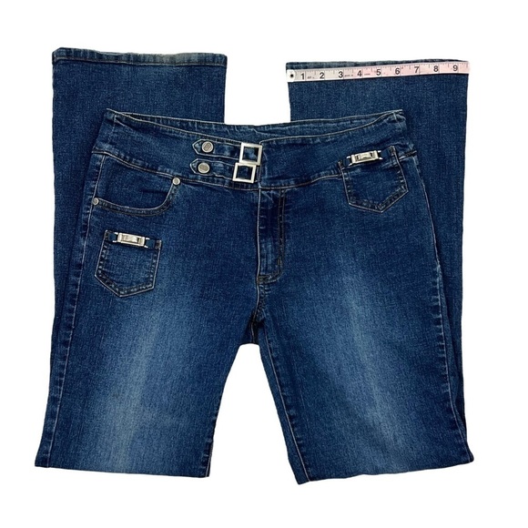 Clash Woman’s Dark Wash Bootcut Flair Denim Jeans Snap Buckle Waist Size 11 Jrs - Picture 7 of 14